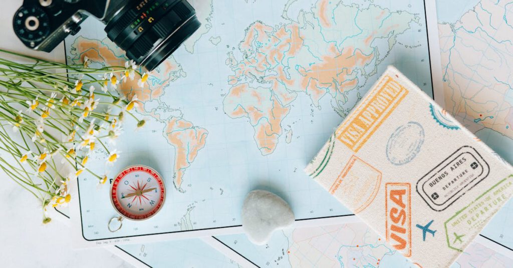 pexels-photo-7235804-7235804 Flat lay of travel essentials: maps, camera, compass, and travel journal for planning adventures.